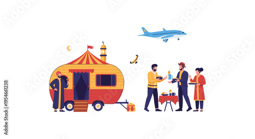 people gathering around food truck at night with airplane flying overhead