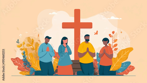 Vector illustration of people praying around a cross with autumn leaves