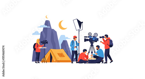film crew shooting outdoors at night with mountains