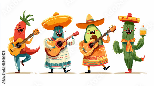 Set of 4 colorful Mexican food characters vector