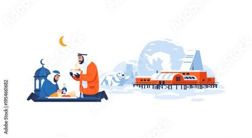 Ramadan Kareem celebration in winter with family and train