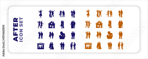 Collection of After Hours Business and Social Icon Set diverse blue stick figure icons representing various human activities and states, including walking, 
reading, working, and family or stick figur