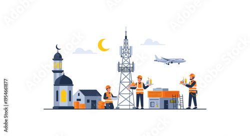 illustration of workers building cell tower near mosque