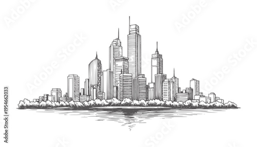 Hand drawn city skyline with skyscrapers and water reflection buildings architecture
