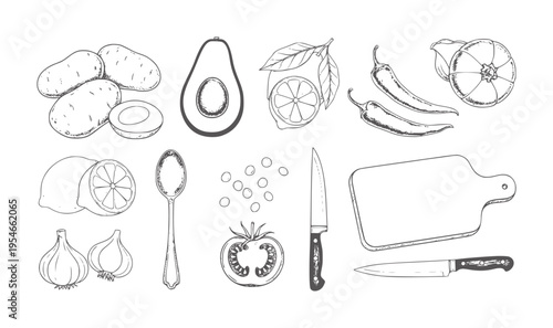 Hand drawn collection of food ingredients and kitchen utensils potato avocado lemon