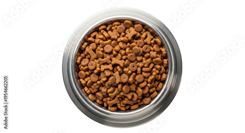 Brown dog kibble in a silver bowl on transparent background