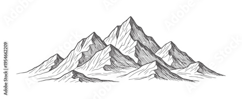 Hand drawn of jagged mountain peaks with textured shading mountains nature landscape