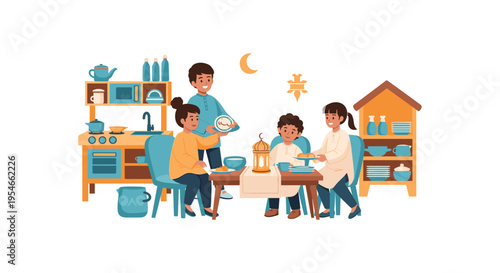 family cooking together in play kitchen at night