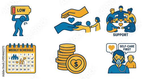 Caregiver Burnout Support and Self-Care Conceptual Icon Set