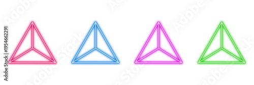 Neon glowing pyramid vector icons set, geometric shape, abstract structure, digital glow, vibrant colorful design illustration on transparent background.