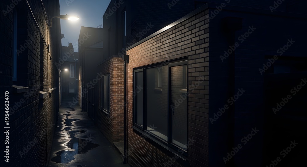 Fototapeta premium Dark Alleyway at Night with Brick Buildings and Streetlights