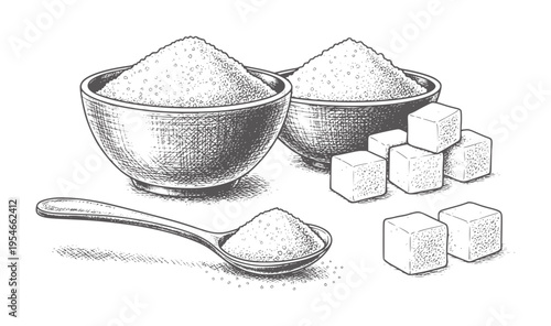 Two bowls of granulated sugar and sugar cubes with spoon
