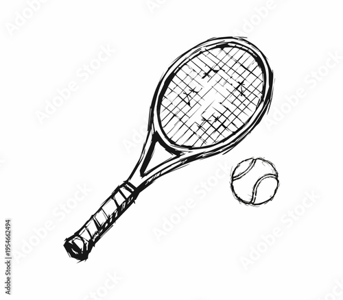 Hand-Drawn Tennis Racket and Ball