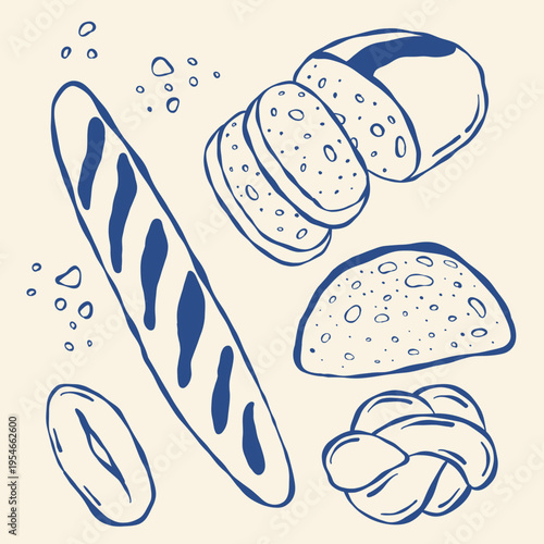 Hand drawn Bread Vector Bundle. Pretzel, Milk Bread, Baguette