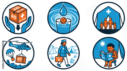 Humanitarian aid disaster relief and medical support icons set