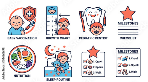 Pediatric Health and Baby Growth Milestone Illustration Icons