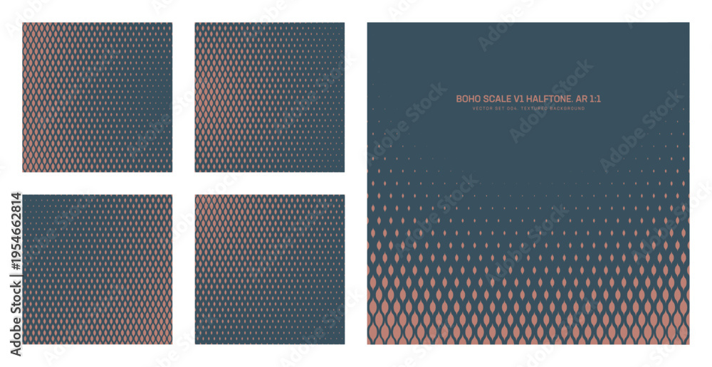 Fototapeta premium Vector boho scale halftone pattern set in square 1:1 format with ornamental grid, gradient density and frame layouts. Decorative abstract textures for textiles, fashion, interior decor, modern design