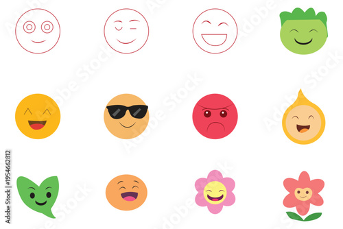 A collection of 10 cartoon style emoticon faces and plant illustrations