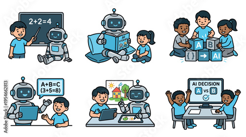 Children Learning with AI Robots Educational Vector Illustration Set