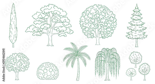 Home Garden Tree Top View Outline Vector Collection – Landscape Foliage Patterns for Architecture Plans Green Line Art