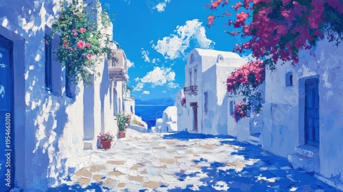 Watercolor of Traditional greek Santorini house with bougainvillea flowers,Greece islands blue white traditional cafe restaurant architecture,Santorini blue door window,Mediterranean scene.