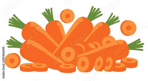 Fresh Carrots Pile with Slices, Healthy Root Vegetable Illustration
