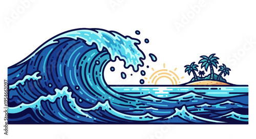 Large Ocean Wave Crashing Near Tropical Island with Palm Trees at Sunset