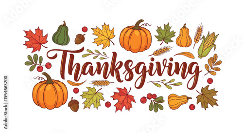 Thanksgiving text with autumn leaves, pumpkins, gourds, and corn