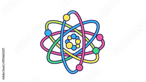 Colorful Atom Illustration with Orbiting Electrons.