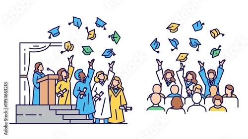 Graduation Ceremony Celebration with Caps Flying.