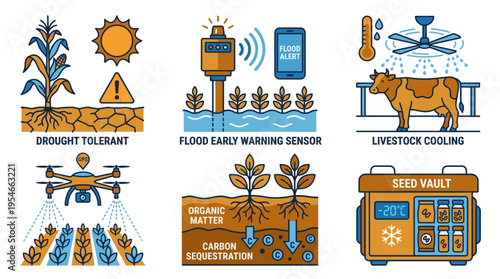 Climate Smart Sustainable Agriculture Technology and Resilience Icons Set