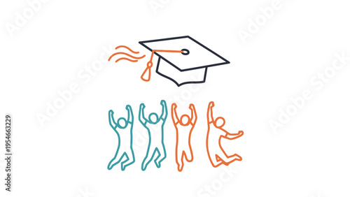 Graduation Cap and Celebrating Students Illustration.