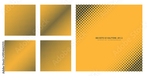 Vector bold halftone dots pattern set in square 1:1 format with large scale dots, gradient density and diagonal layouts. High contrast abstract backgrounds for posters, branding, UI and modern design