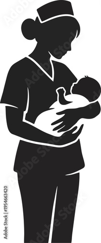 Nurse Holding Newborn Baby Silhouette Vector Maternity and Neonatal Care