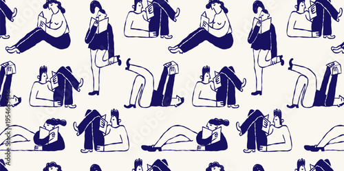 Creative Seamless Pattern With People Reading Books In Naive Hand Drawn Style