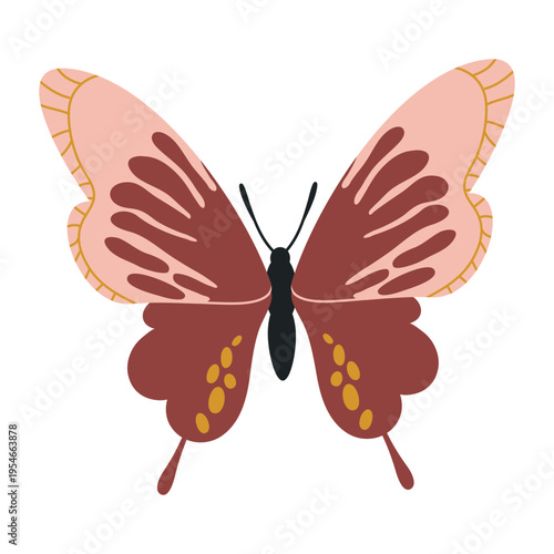 Stylized butterfly with earthy tones and patterned wings. Flat decorative insect isolated on white background. For natural, organic and rustic design themes