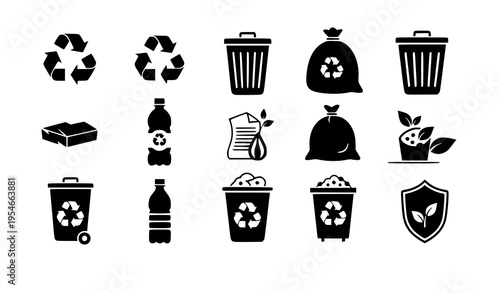 Waste recycling pictogram icons environmental awareness vector set