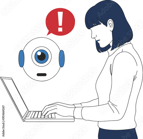 Young Female Professional Working on Laptop with Artificial Intelligence Assistant Represented by Floating Cyclops Robot Avatar