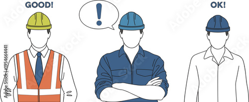 Three Construction Professionals In Hard Hats Demonstrating Various Safety Standards And Communication Styles For Site Work