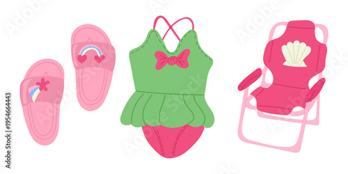 Colorful summer beachwear illustration featuring a green swimsuit, pink flip-flops with heart and rainbow designs, and a pink beach chair with a shell motif