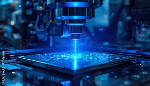 Galvo scanner laser system – High-speed galvanometer mirrors steering laser beam across stationary wafer, Precision laser processing equipment, Galvanometer laser scanning system 