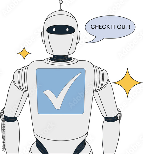 Modern Robot Illustration with Checkmark Symbol and Speech Bubble Featuring Check It Out Text Action