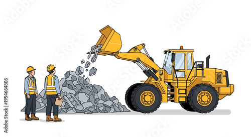 Two construction workers watching loader.