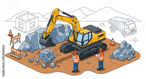 Yellow excavator with construction workers site.