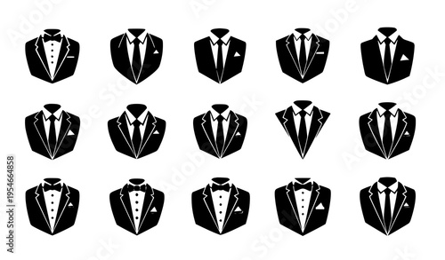 Tuxedo and Suit Silhouette Icon Set with Bow Tie, Necktie, Lapel, and Formal Gentleman Dress Code Symbol Designs
