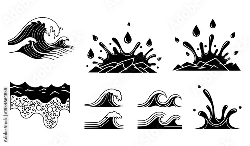 Water Splash and Ocean Wave Icon Set Featuring Liquid Drops, Sea Waves, and Fluid Motion Elements, Minimal Line and Silhouette Vector Collection for Design
