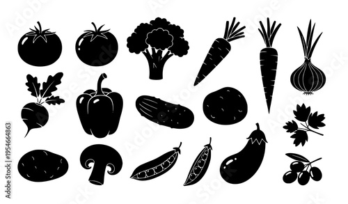 Vegetable Icon Set Featuring Tomato, Broccoli, Carrot, Onion, Pepper, Eggplant, Mushroom, and Pea Pod, Fresh Organic Food Silhouette Collection for Design
