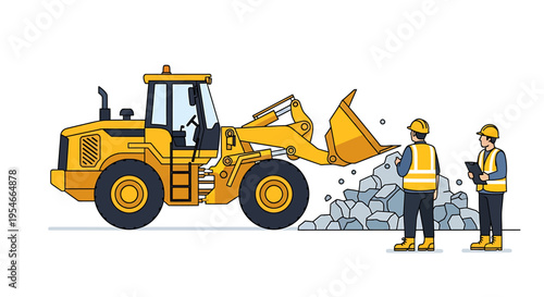 Construction workers with heavy loader machine.