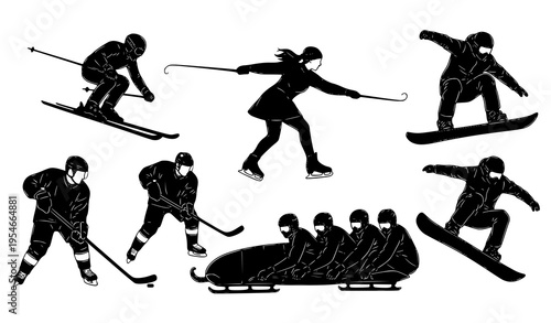 Winter Sports Silhouette Icon Set Featuring Skiing, Snowboarding, Ice Skating, Hockey, and Bobsleigh Athletes, Outdoor Activity Black Vector Collection for Design