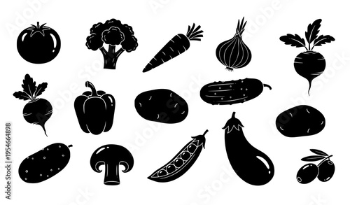 Vegetable Silhouette Icon Set Featuring Tomato, Broccoli, Carrot, Onion, Pepper, Eggplant, Mushroom, and Pea Pod, Fresh Organic Food Vector Collection for Design